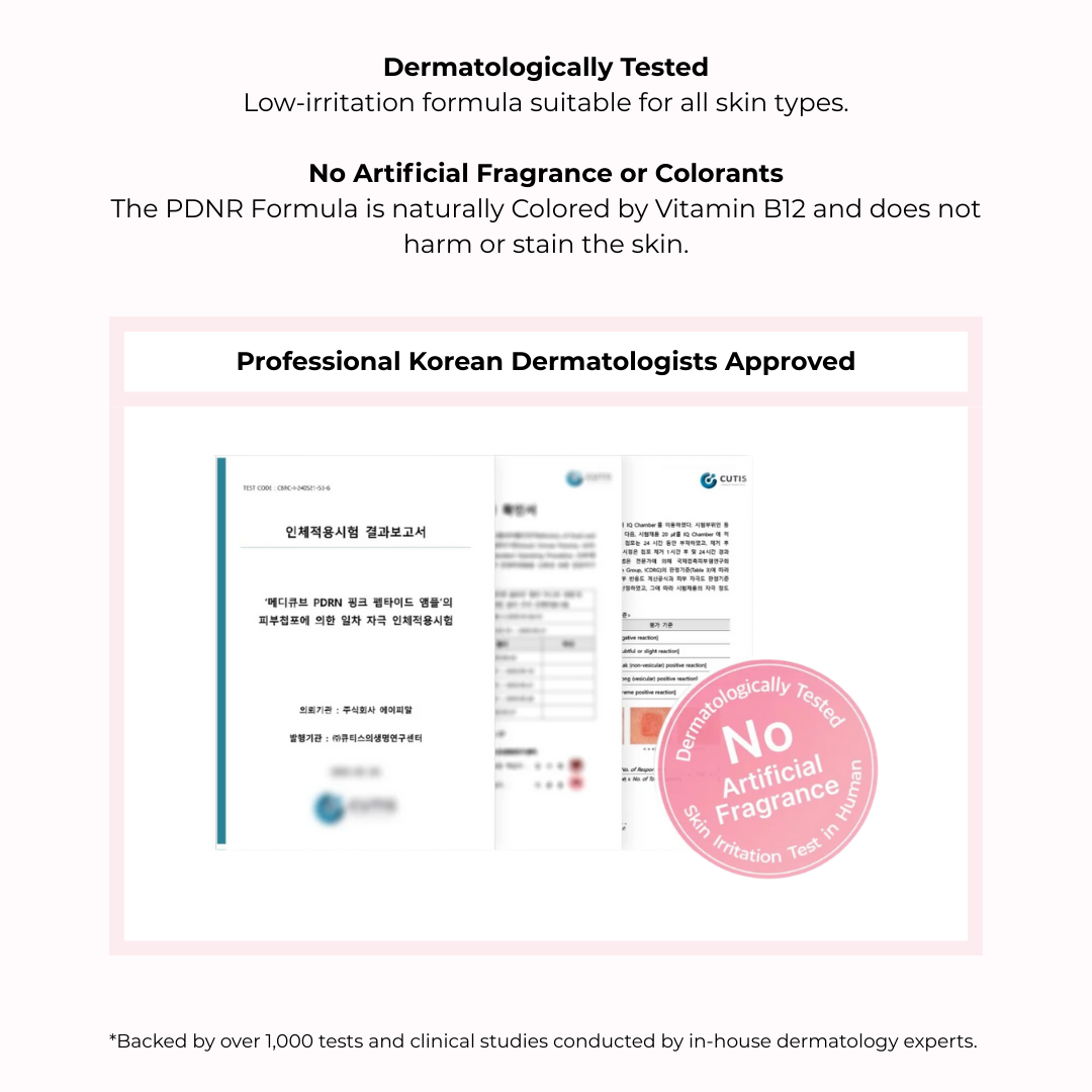 Product information card with dermatological testing details on a white background