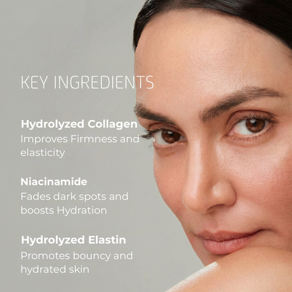 Woman's face with key ingredients of skincare product listed on a gray background