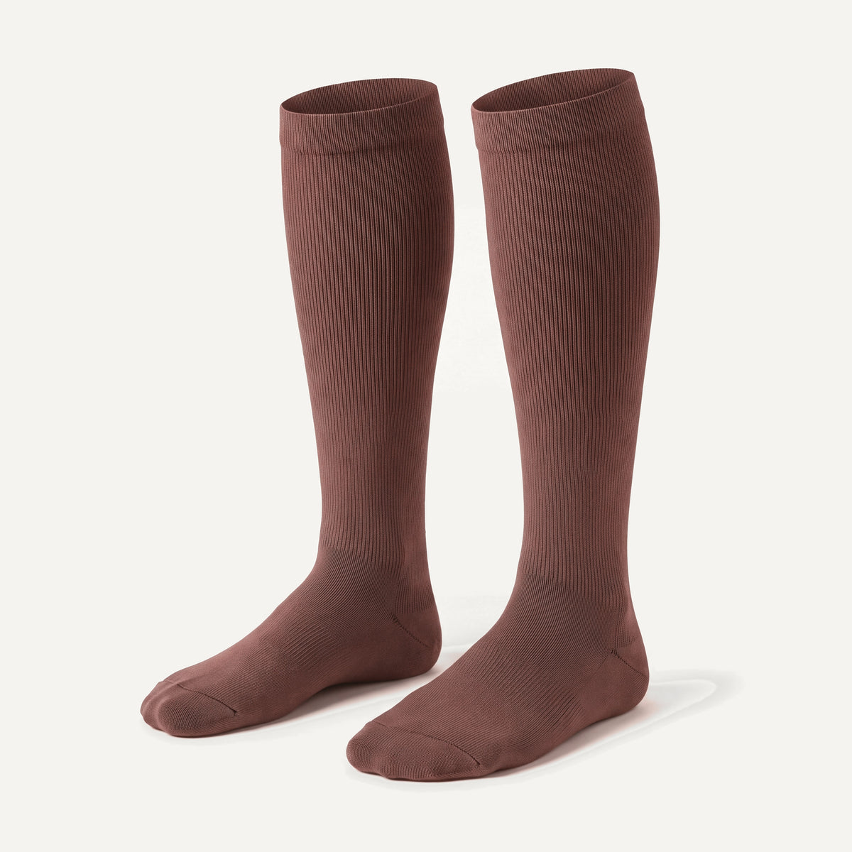 Knee-High Compression Socks in Coffee, pair, front three-quarter view