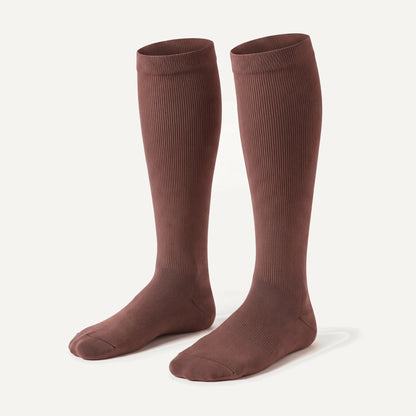 Knee-High Compression Socks in Coffee, pair, front three-quarter view