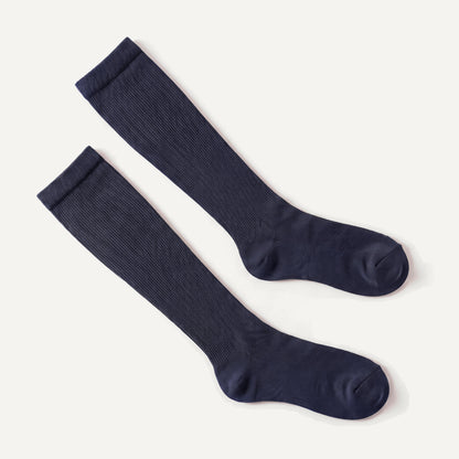 Knee-High Compression Socks in Navy, pair laid flat
