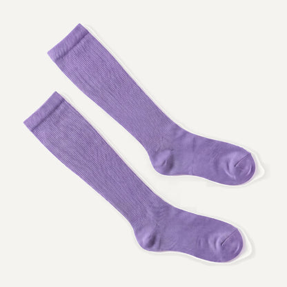 Knee-High Compression Socks in Purple, pair laid flat