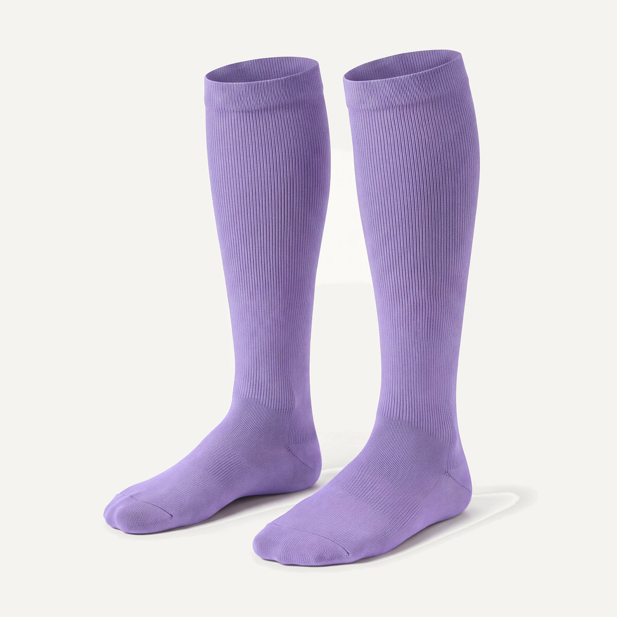 Knee-High Compression Socks in Purple, pair, front three-quarter view