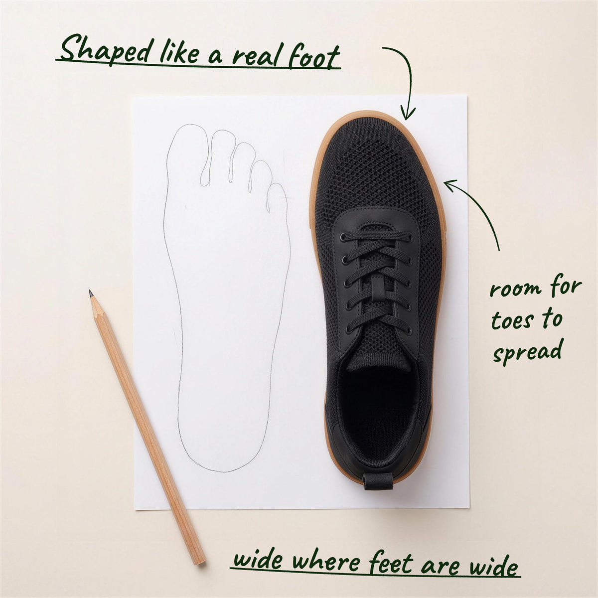 Ogni Vie in Black, next to a pencil tracing of a bare foot: shaped like a real foot, room for toes to spread, wide where feet are wide