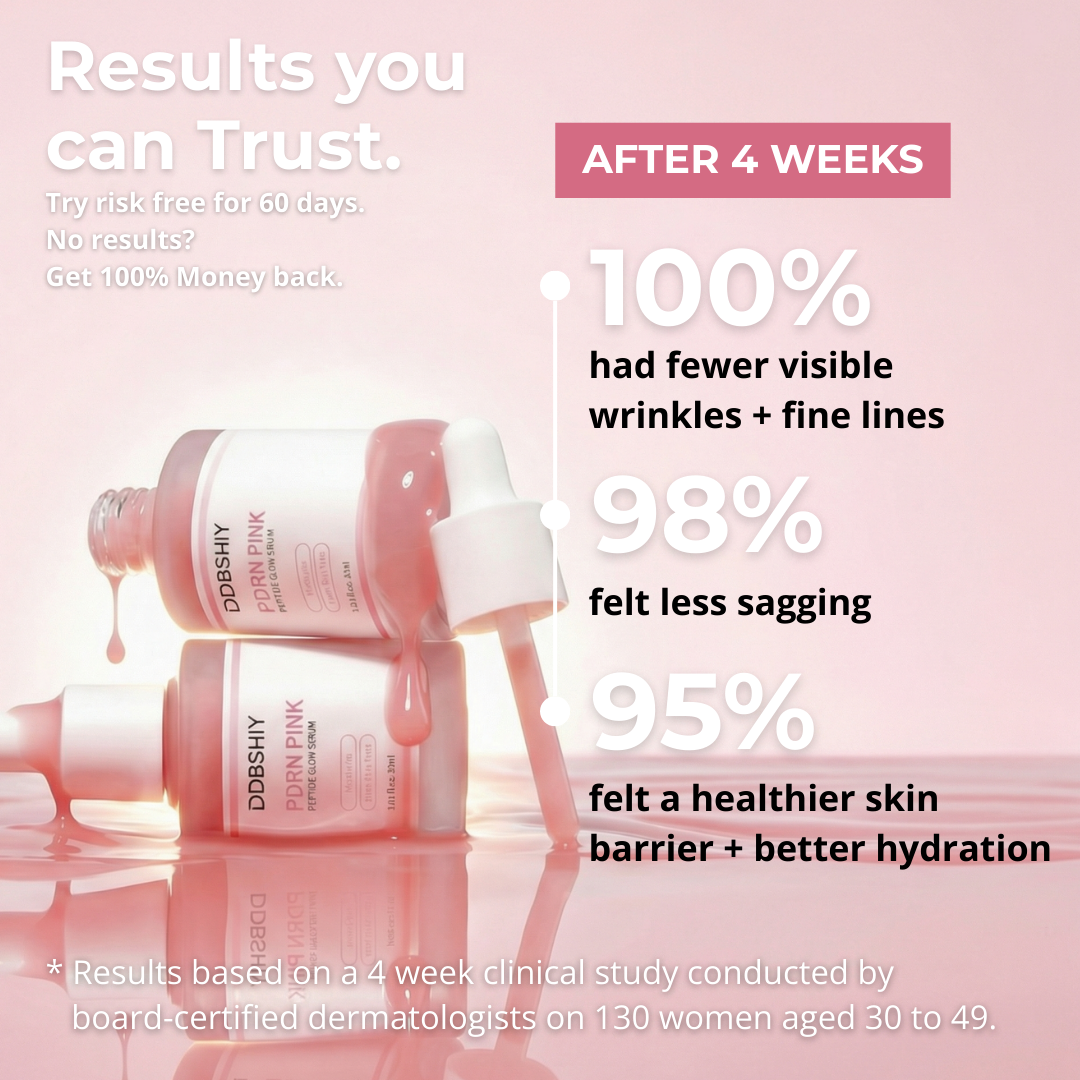 Cosmetic bottles with skincare product on a pink background, showing results after 4 weeks.