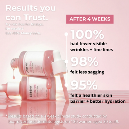 Cosmetic bottles with skincare product on a pink background, showing results after 4 weeks.