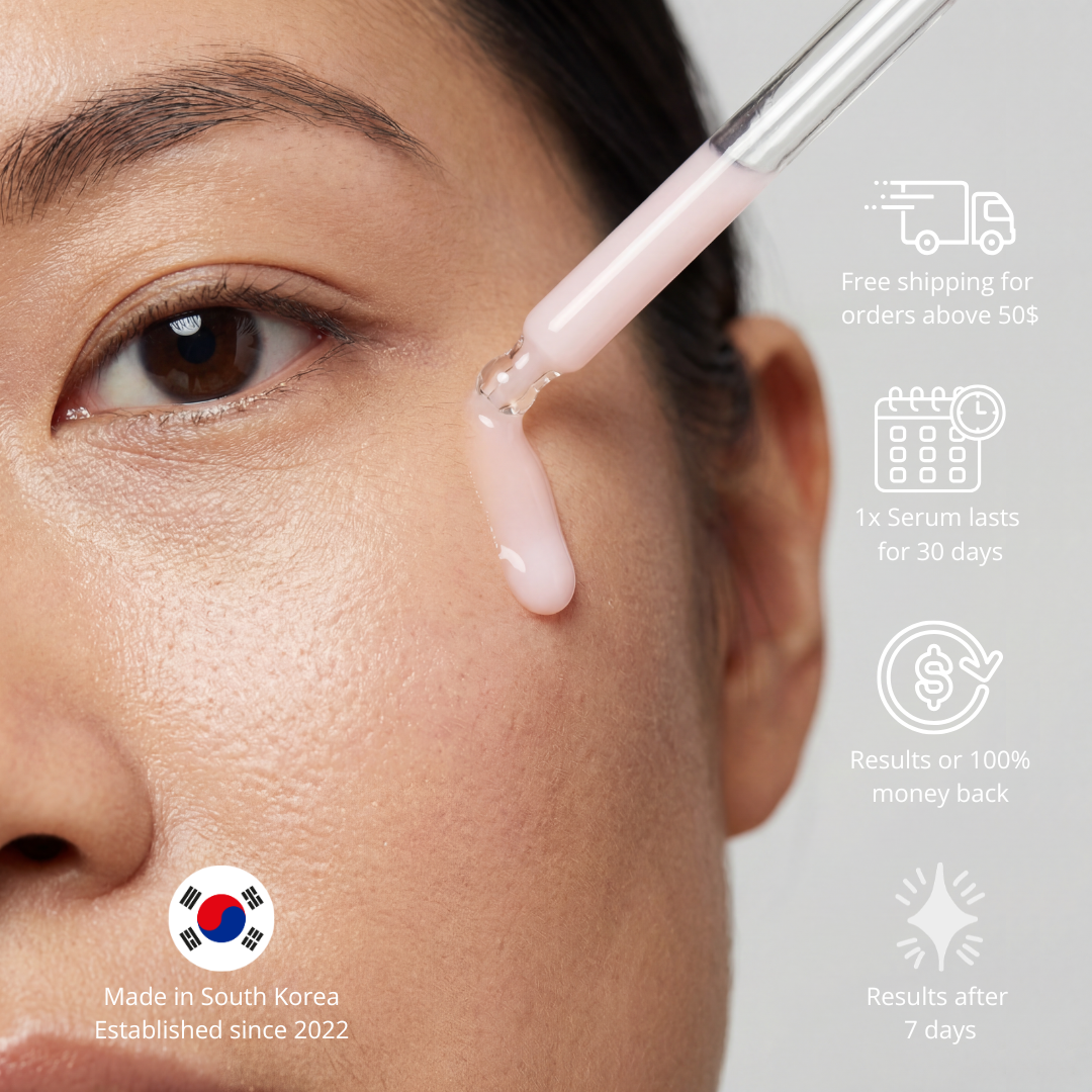 Close-up of a woman's face with a skincare product being applied, featuring icons and text about product features.